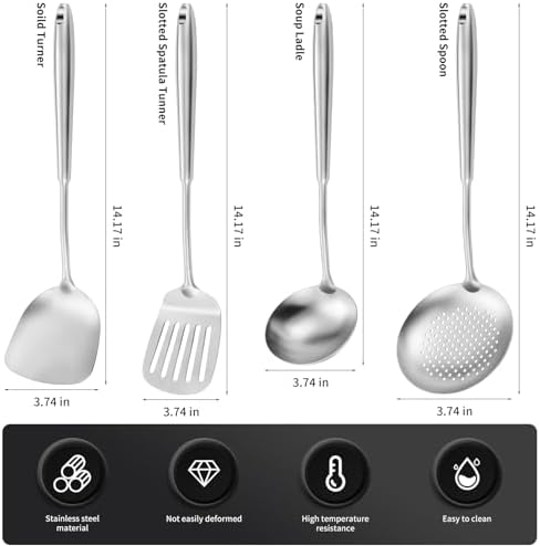 15" Wok Spatula and Ladle,Skimmer Spoon, Slotted Turner Spatula,304 Stainlss Steel Matte Kitchen Utensils Set,4PCS Wok Accessories,Cooking Utensils Tools