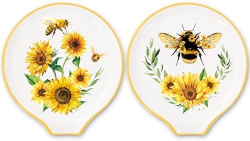JarThenaAMCS 2Pcs Summer Bee Ceramic Spoon Rest Yellow Black Sunflower Bee Small Coffee Spoon Holder for Stove Top Stirrers Teaspoon Bar Coffee Station Accessories,4.7 Inch