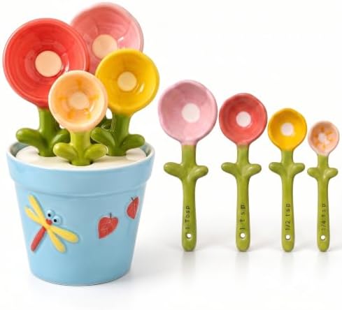 Cute Flower Ceramic Measuring Spoons Set with Base, Kitchen Decorate Gifts