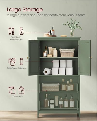 VASAGLE Bathroom Floor Cabinet with 2 Doors, 2 Drawers, Forest Green