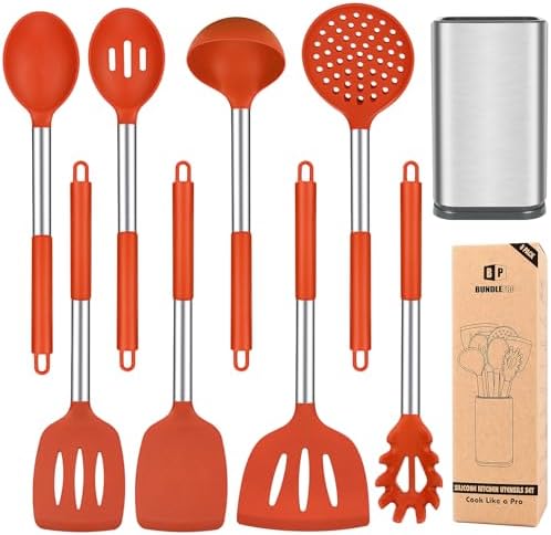 Silicone Kitchen Utensils Set, 8Pcs Cooking Utensils with Holder, Red