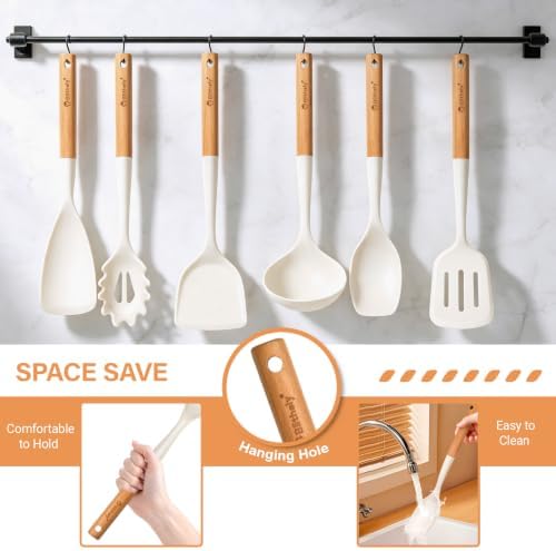Large Silicone Cooking Utensils Set, 10Pcs Nonstick Kitchen Utensil Set with Wooden Handle, Heat Resistant Silicone Utensils for Cooking, BPA Free Set with Turners Spoon Ladle Skimmer(Cream White)