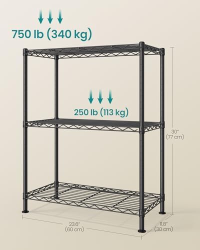 SONGMICS 3-Tier Storage Shelves, Adjustable Wire Shelving Unit, 8 Hooks