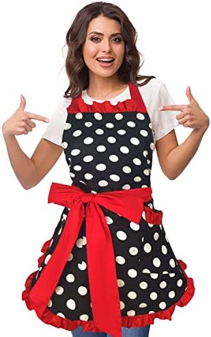 Violet Mist Vintage Aprons for Women with Pockets Girls Cute Polka Dot Retro Stylish Aprons Sexy Red 50s Apron Pretty Ruffle Adjustable Neck Strap Flirty Apron Valentine's Day Mothers Gifts, Red