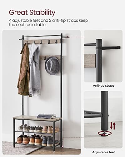 VASAGLE Coat Rack, Hall Tree with Shoe Storage Bench, 3-in-1, Steel Frame