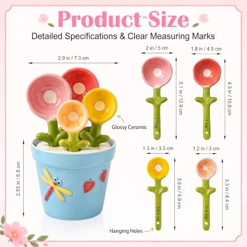 Cute Flower Ceramic Measuring Spoons Set with Base, Kitchen Decorate Gifts