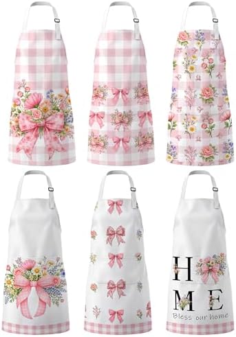 Bencailor 6 Pack Pink Bow Floral Aprons Gifts for Women with Pockets