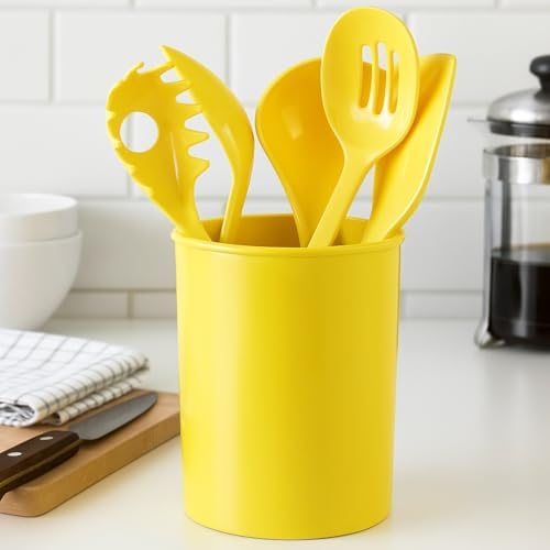 Reston Lloyd 6 Piece Kitchen Utensil Holder for kitchen counter, Utensils crock with Heat Resistant Spoon, Slotted Spoon, Ladle, Spatula BPA Free, Lemon