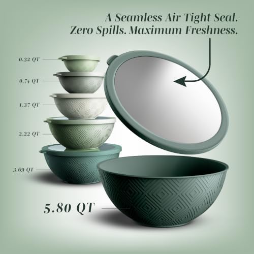 COOK WITH COLOR Mixing Bowls with Lids - 12 Piece Plastic Nesting Bowls Set includes 6 Prep Bowls and 6 Lids, Microwave Safe Mixing Bowl Set, Sage Rhombus