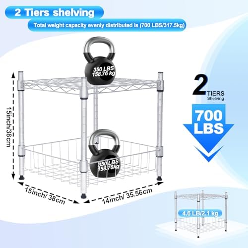 Whitmor 2 Tier Metal Storage Shelves, Heavy Duty Shelf with Basket, 350 lbs Capacity per Shelf, 700 lbs Total, Home Organizer for Kitchen, Garage, Bathroom, 15" L x 14" W x 15" H, Chrome