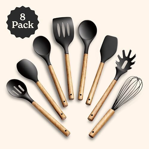 Country Kitchen Non Stick Silicone Utensil Set with Rounded Wood Handles for Cooking and Baking, 8 Piece Set, Black