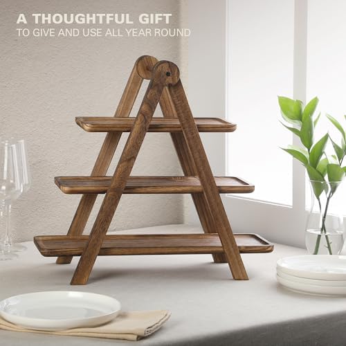 Gibson Home Truss Peak 3 Tier Serving Tray for Party, 18" Acacia Wood Cupcake/Charcuterie/Dessert Farmhouse Tiered Platters with Collapsible Wood Rack