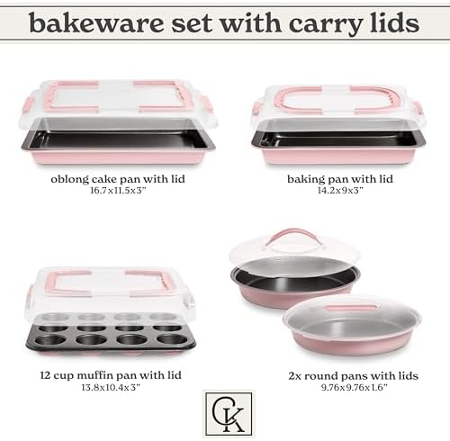 Country Kitchen Baking Pans Set - 10 Piece Non-Stick Cake Pans with Carry Lids for Easy Storage & Travel, Perfect for Parties - Stackable, Pink