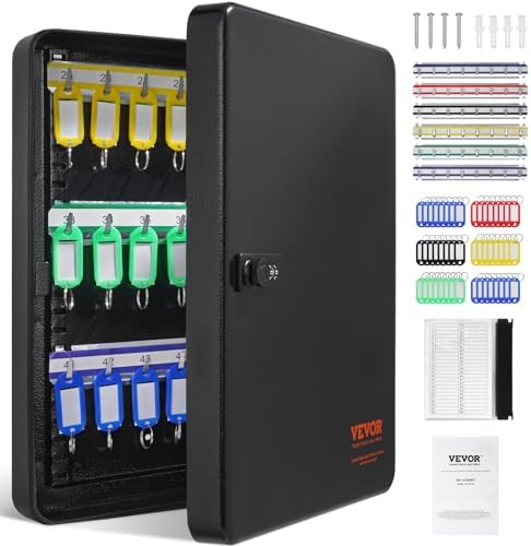 VEVOR 48-Key Cabinet, Key Safe with Combination & Key Lock, Digital Security Storage Box Steel Key Organizer with Adjustable Racks, 48 pcs Colorful Key Tags and A Record Card for School, Office, Hotel