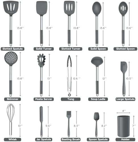 Onader Kitchen Cooking Utensils Set of 15, Silicone and Stainless Steel Utensils Spatula Set with Holder, Heat Resistant & Dishwasher Safe - Grey