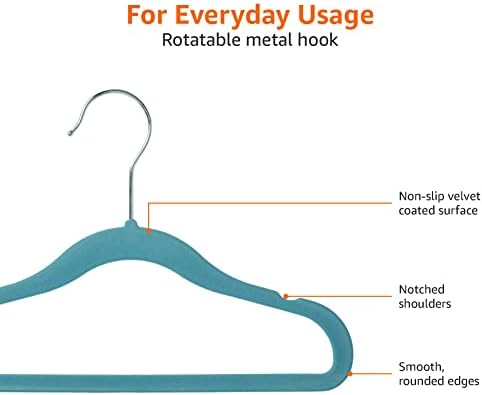 Amazon Basics Kids Space Saving Velvet Non-Slip Clothes Hangers with Shoulder Notches for Infant and Toddler, 11.6", Blue, 50-Pack