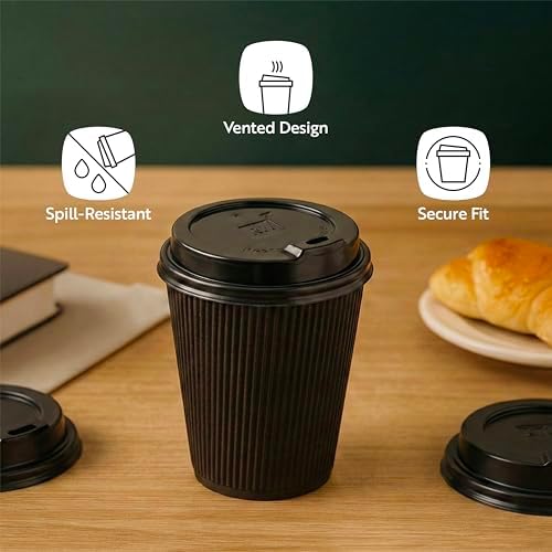 Restaurantware-LIDS ONLY: 25-CT Disposable Black Lid for Coffee and Tea Cups - Fits 8, 12, 16, 20-OZ Cups: Perfect for Coffee Shops, Juice Shops, and Takeout Cup Lid