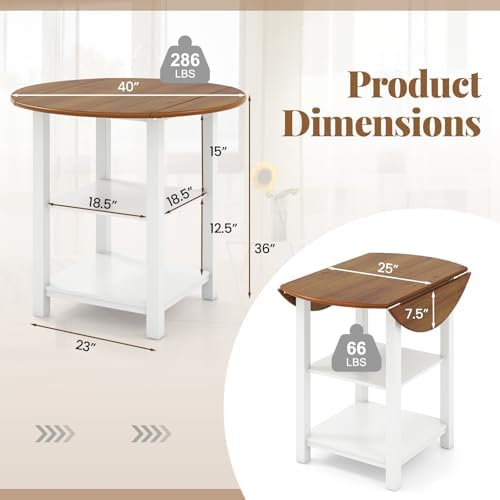 COSTWAY Folding Round Dining Table, Drop Leaf Table with 2 Shelves for Small Spaces, Foldable Office Table with 2-Layer Storage Rack, Versatile Console Table for Living Room, Dining Room, Kitchen