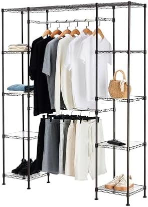 Amazon Basics Expandable Metal Hanging Closet Organizer and Storage Rack Wardrobe with Shelves, 57-80''L x 14''W x 72''H, Bronze