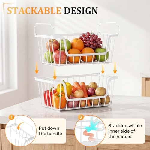 SUNALLY Stackable Storage Bins 4 Pcs Wire Baskets Freezer Organizer, White