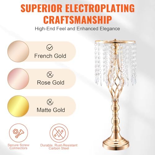 VEVOR 10PCS 55cm/21.65” Tall Crystal Wedding Flower Stand, Metal Wedding Centerpiece Vase, Gold Flower Holders Floral Display Rack for Tables Wedding Dinner Party, Ceremony Birthday Event Decor