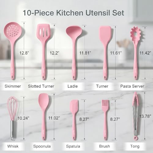 Vayvnt Cooking Utensils Set, 10PCS Non Toxic Silicone Set for Kitchen, Pink
