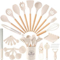 Astercook Kitchen Utensils set, 39 PCS Silicone Cooking Utensils Set with Wooden Handle, 446°F Heat Resistant Food Grade Utensil Sets, BPA Free Kitchen Gadgets Tools Set for Nonstick Cookware (Cream)