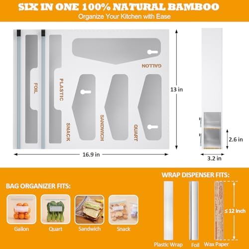 DALSHABET Bamboo Bag Organizer with Magnetic Closure, 6 In 1 Kitchen Drawer Foil and Plastic Wrap Dispenser with Cutter, Storage bag for Gallon, Quart, Sandwich, Snack White