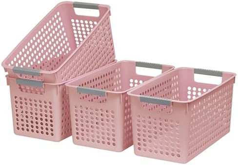 Soddeph Slim Plastic Storage Basket with Handles, Narrow Organizer box for Shelves, Organizer box for Organizing, Kitchen,Home,Office (Pink, Medium)