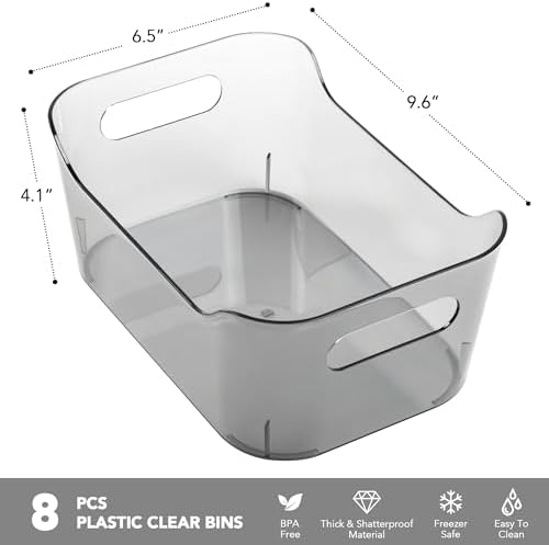 Tiawudi 8 Pack Plastic Storage Bins, Clear Pantry Organizers and Storage Containers, Multi-Use Organizer Bins for Kitchen, Bathroom, Office, Shelf, Fridge, Home Edit and Cabinet Organizers