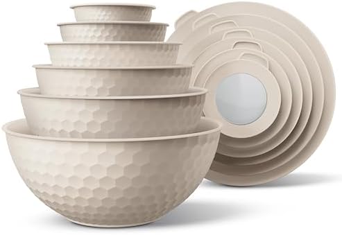COOK WITH COLOR Mixing Bowls with Lids - 12 Piece Plastic Nesting Bowls Set includes 6 Prep Bowls and 6 Lids, Microwave Safe Mixing Bowl Set, Cream Embossed