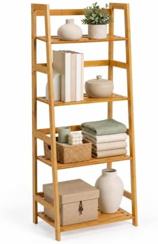COSTWAY 44" Bamboo Ladder Shelf, Multifunctional Plant Flower Display Stand
