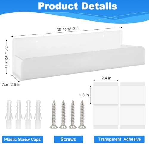 12 Inch Acrylic Spice Rack Wall Mount, White, 4 Pack