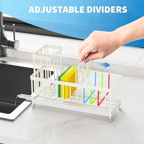 Cisily Sponge Holder for Kitchen Sink, Sink Caddy Organizer with High Brush Holder, Kitchen Countertop Organizers and Storage Essentials, Rustproof 304 Stainless Steel (Cream, 9.25″)