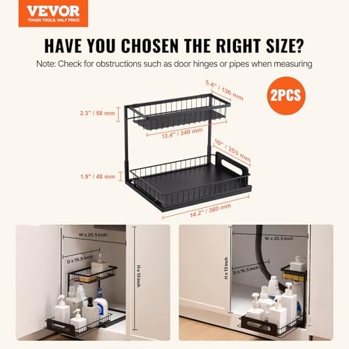 VEVOR Pull Out Cabinet Organizer, 2 Tier Under Sink Organizer and Storage(10.7"W x 14.2"D ), Slide Out Drawer Cabinet Organizer, Wire Basket Sliding Shelf for Kitchen Bathroom Cabinet, Black (2 Pack)
