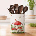 Mushroom Ceramic Utensil Crock, Hand-Painted Forest Mushroom Kitchen Utensil Holder, Farmhouse Countertop Storage Caddy, Kitchen Decor Organizer for Spatulas, Baking Tools & Multi-Room Display