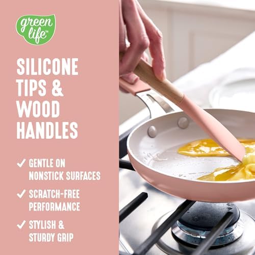GreenLife 11 Piece Silicone Utensil Crock Set, Nonstick Kitchen Tools, Ladle, Turner, Slotted Turner, Spatula, Spoon, Spaghetti Server, Brush, Whisk, Tongs, Crock, Dusty Pink