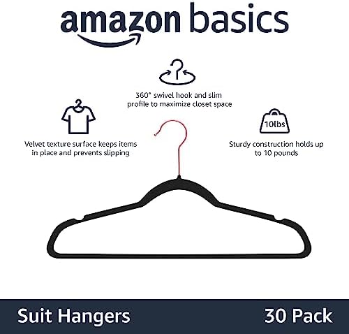 Amazon Basics Slim Velvet Non-Slip Space Saving Sturdy Suit Clothes Hangers, Closet Organizer, Black/Rose Gold, 30-Pack