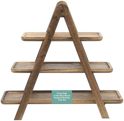 Gibson Home Truss Peak 3 Tier Serving Tray for Party, 18" Acacia Wood Cupcake/Charcuterie/Dessert Farmhouse Tiered Platters with Collapsible Wood Rack
