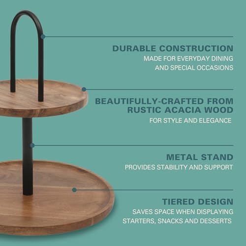 Gibson Home Gracious Dining 2-Tier Round Acacia Wood Serving Tray – Rustic Charcuterie Board Stand with Black Iron Handle – Tiered Party Platter, Dessert Display or Lazy Susan for Entertaining