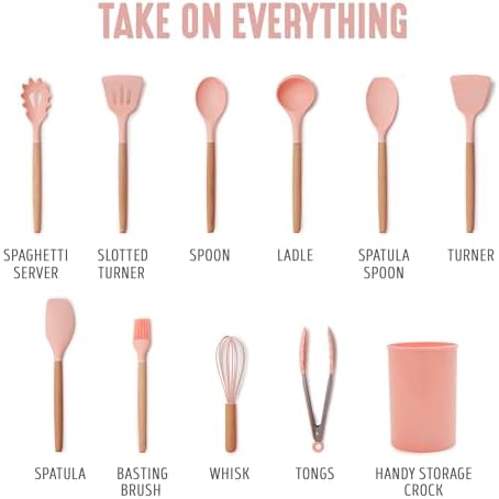 GreenLife 11 Piece Silicone Utensil Crock Set, Nonstick Kitchen Tools, Ladle, Turner, Slotted Turner, Spatula, Spoon, Spaghetti Server, Brush, Whisk, Tongs, Crock, Dusty Pink