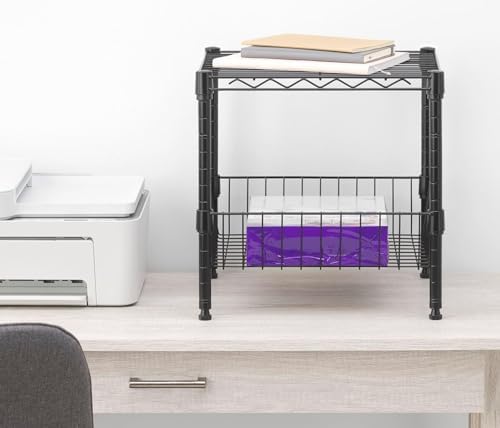 Whitmor 2 Tier Metal Storage Shelves, Heavy Duty Shelf with Basket, 350 lbs Capacity per Shelf, 700 lbs Total, Home Organizer for Kitchen, Garage, Bathroom, 15" L x 14" W x 15" H, Black