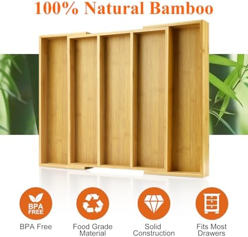 Expandable Bamboo Silverware Drawer Organizer Large Kitchen Utensils Tray