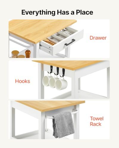 VEVOR Kitchen Island Cart with Single Door Cabinet, Mobile Carts with Drawer, Towel Rack, Hooks, Portable Table on Swivel Wheels, Small Coffee Islands Microwave Stand for Dining Room, 18x23 in, White