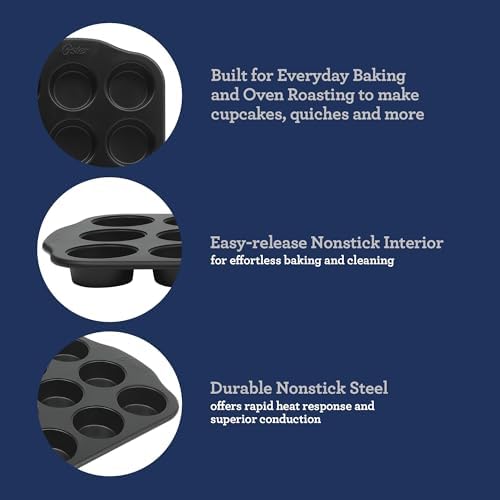 Oster Teston 12-Cup Muffin Pan, Nonstick Carbon Steel Cupcake Baking Tray, Matte Black, PFAS-Free, Easy Release, Oven-Safe Bakeware