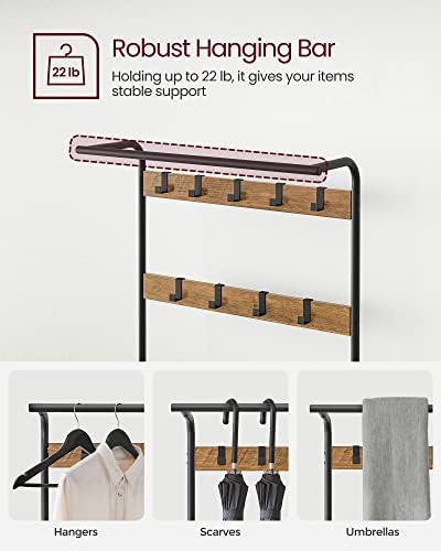 VASAGLE Coat Rack, Hall Tree with Shoe Bench for Entryway, Entryway Bench with Coat Rack, 4-in-1, with 9 Removable Hooks, a Hanging Rod, 13.3 x 28.3 x 72.1 Inches, Rustic Walnut and Black UHSR040B41