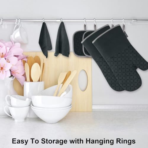 KEGOUU Oven Mitts and Pot Holders 6pcs Set, Kitchen Oven Glove High Heat Resistant 500 Degree Extra Long Oven Mitts and Potholder with Non-Slip Silicone Surface for Cooking (Deep Green)