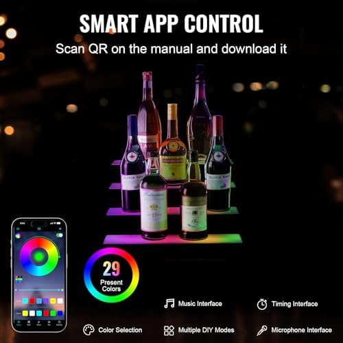 VEVOR LED Lighted Liquor Bottle Display, 4 Tiers 16 Inch Commercial Illuminated Home Bar Shelf, 4 Steps Whiskey Rack Stand, Acrylic Drink Shelves with RF Remote & App Control, and Multicolor Light