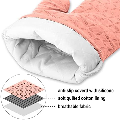 KEGOUU Oven Mitts and Pot Holders 6pcs Set, Kitchen Oven Glove High Heat Resistant 500 Degree Extra Long Oven Mitts and Potholder with Non-Slip Silicone Surface for Cooking (Pink)