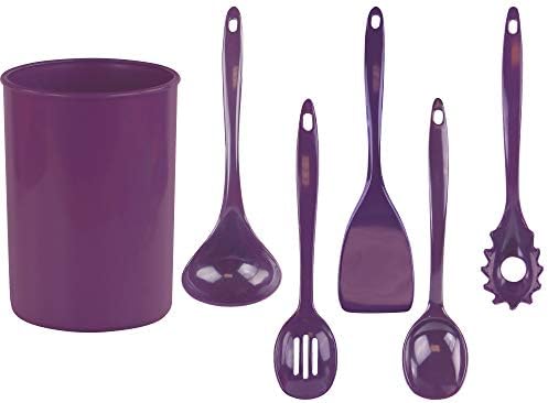 Reston Lloyd 6 Piece Kitchen Utensil Holder for kitchen counter, Utensils crock with Heat Resistant Spoon, Slotted Spoon, Ladle, Spatula BPA Free, Plum